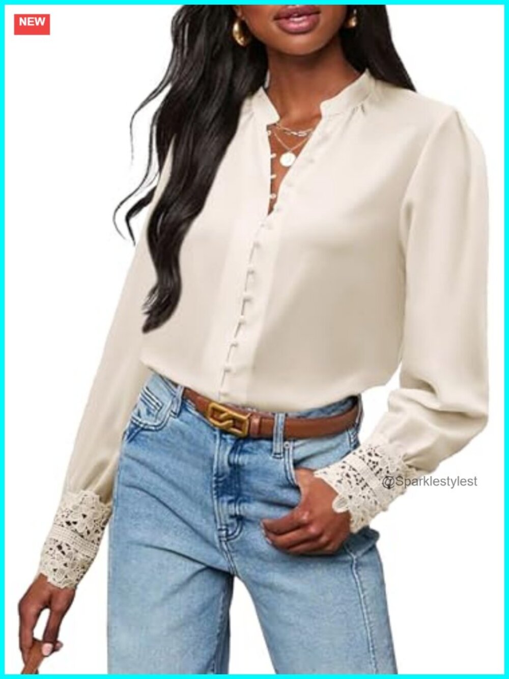 Womens Chiffon Button Down Blouse Lace Cuff Business Shirt